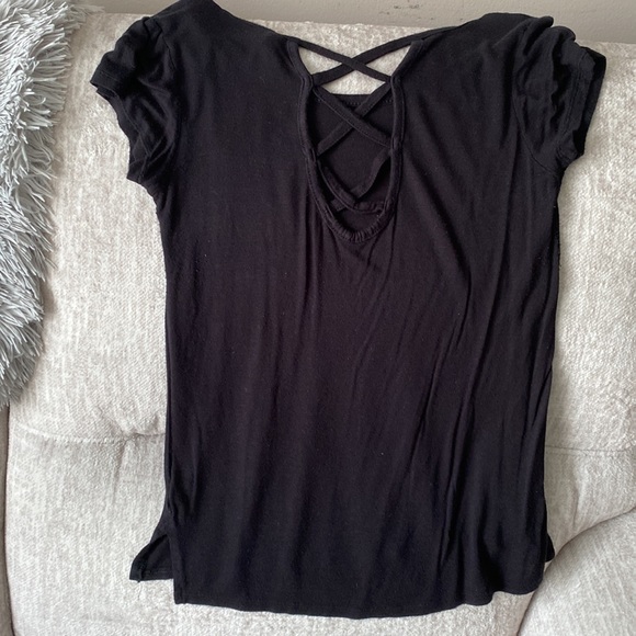Womans strappy back black shirt blouse. Breast pocket. Super cute. Large. - Picture 2 of 3